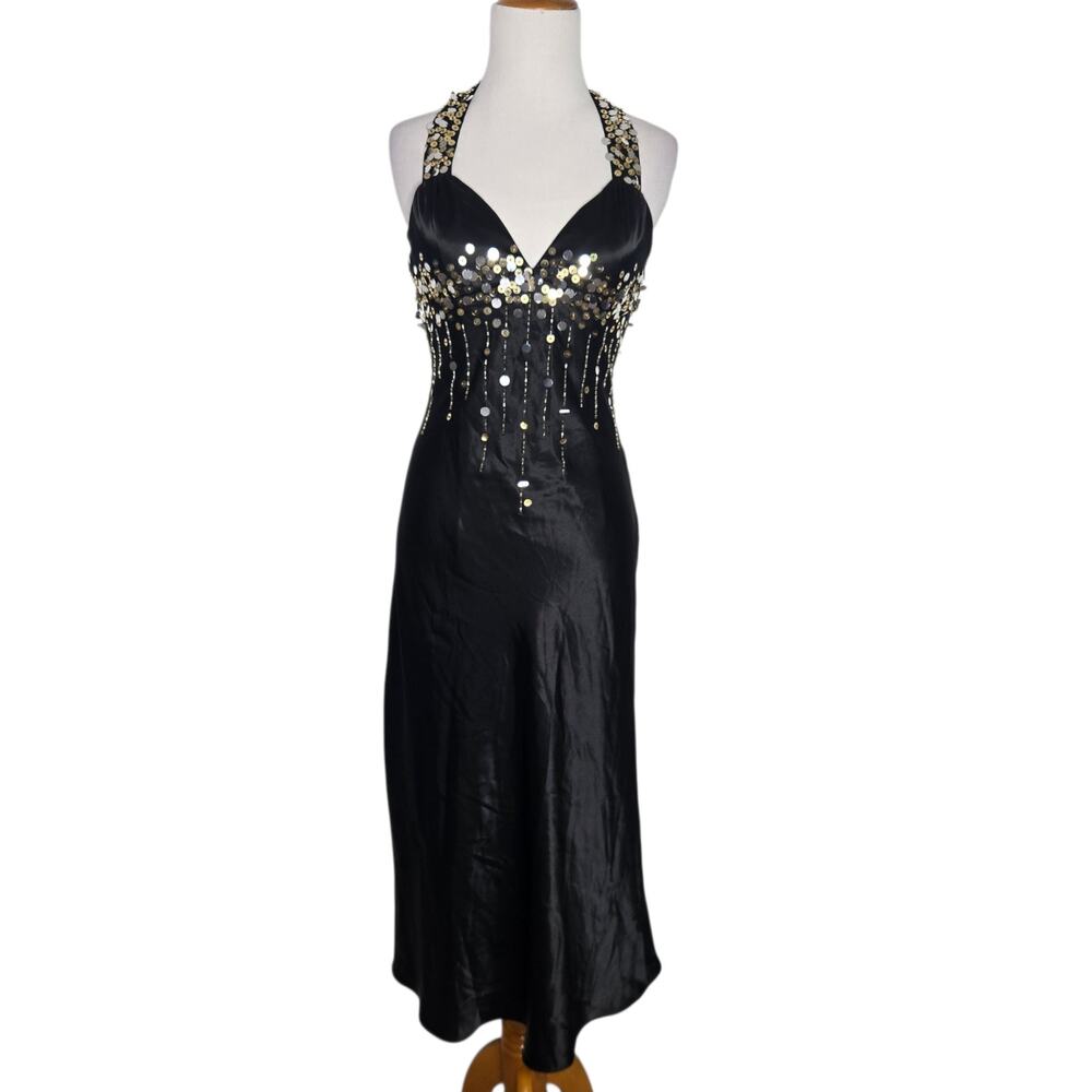Vintage Y2K Frederick's of Hollywood Babydoll Satin Midi Dress Sequin Womens 2